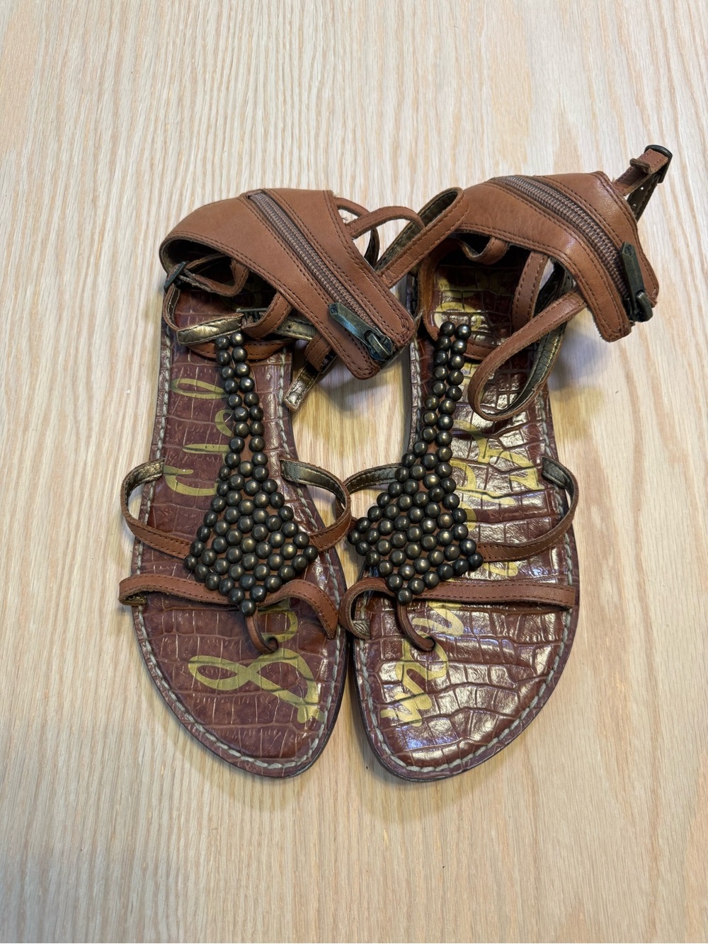 Sam Edelman Brown Beaded T-Strap Sandals